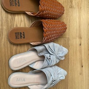 Set of two mules. Billabong and Mia. One EUC never worn and one GUC. Sz 9